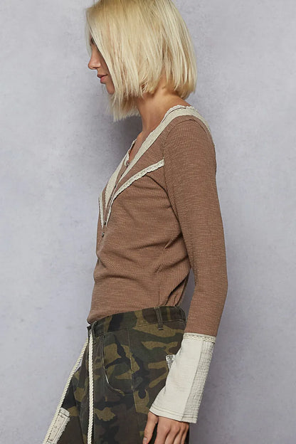 POL Ribbed Half Button Lace Detail Knit Top