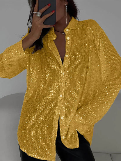 Full Size Sequin Button Up Long Sleeve Shirt Plus Size