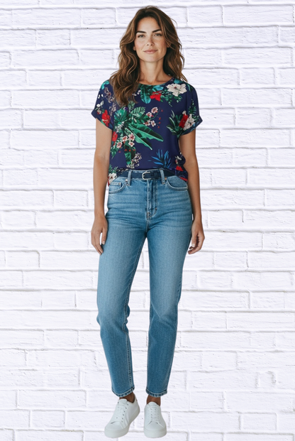 Navy Tropical Floral Viscose Blouse – Short Sleeve Round Neck Lightweight Top