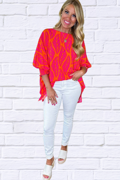 Women Leaf Print Smocked Puff Sleeve Blouse Red M