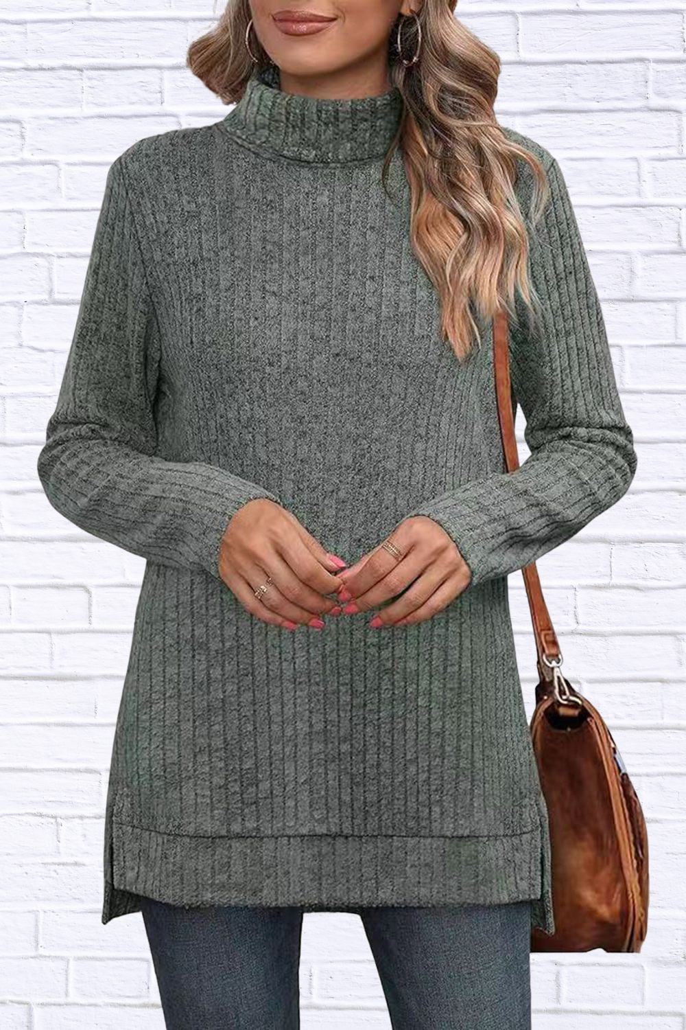 Turtleneck High Low Top Heather Gray S