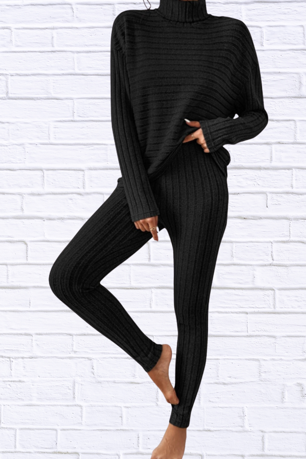 Ribbed Turtleneck Top and Pants Set Black