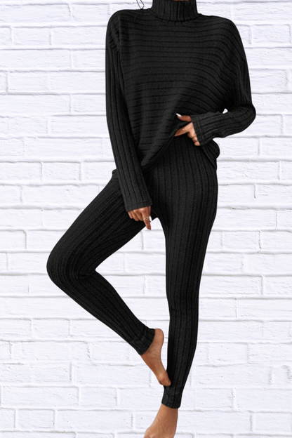 Ribbed Turtleneck Top and Pants Set Black
