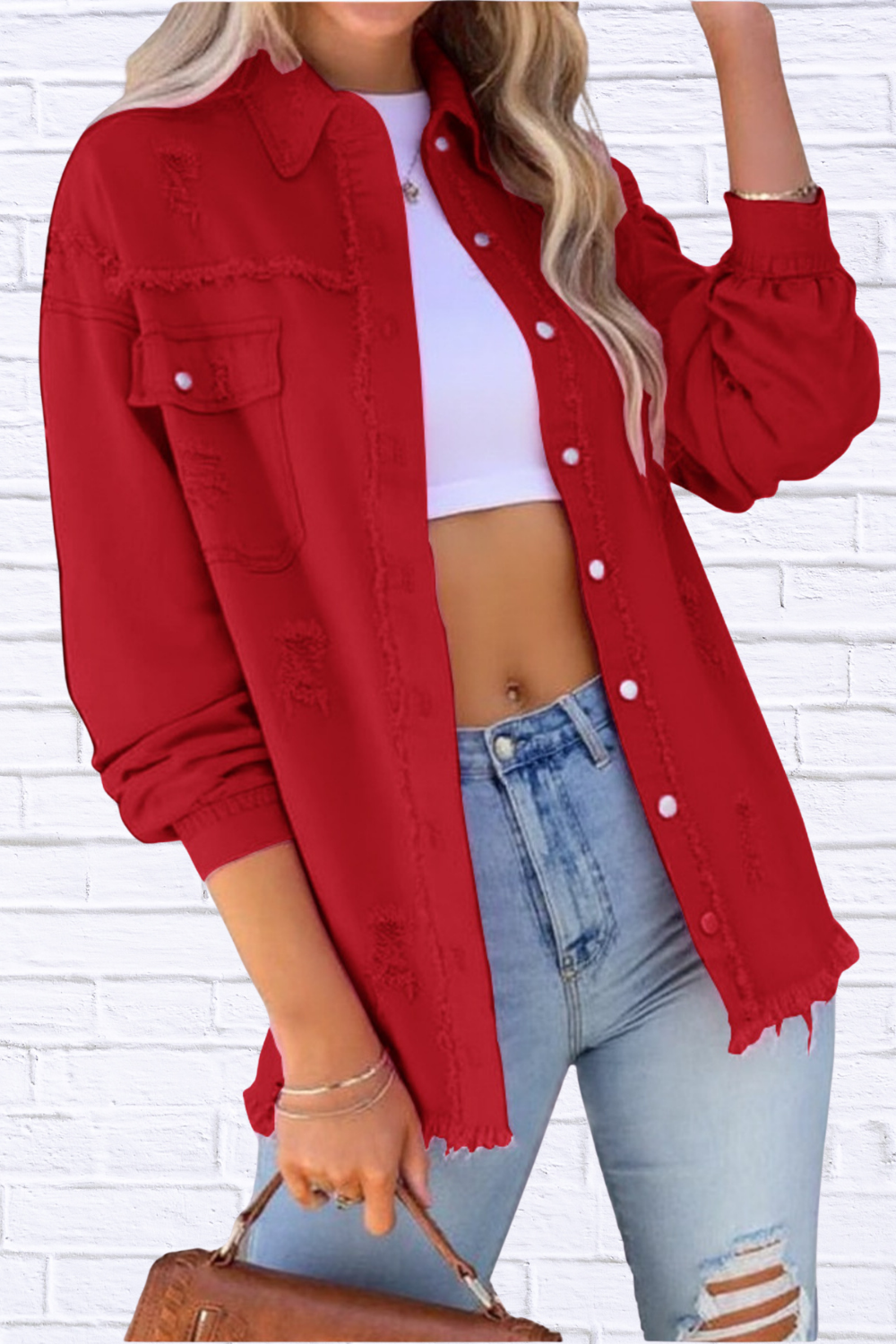 Distressed Denim Jacket with Frayed Edges Red