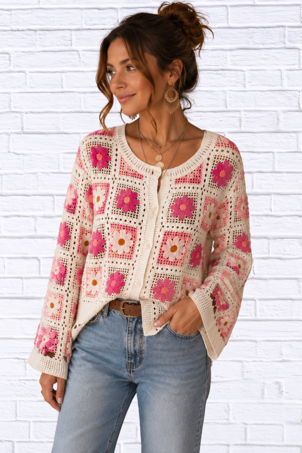 Floral Crochet Cardigan For Women