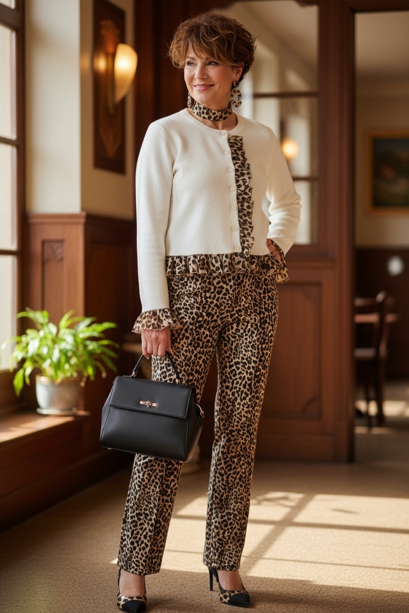 Leopard Trim Ruffle Cardigan – Buttoned Contrast Ruffle & Chic Stretch Fit
