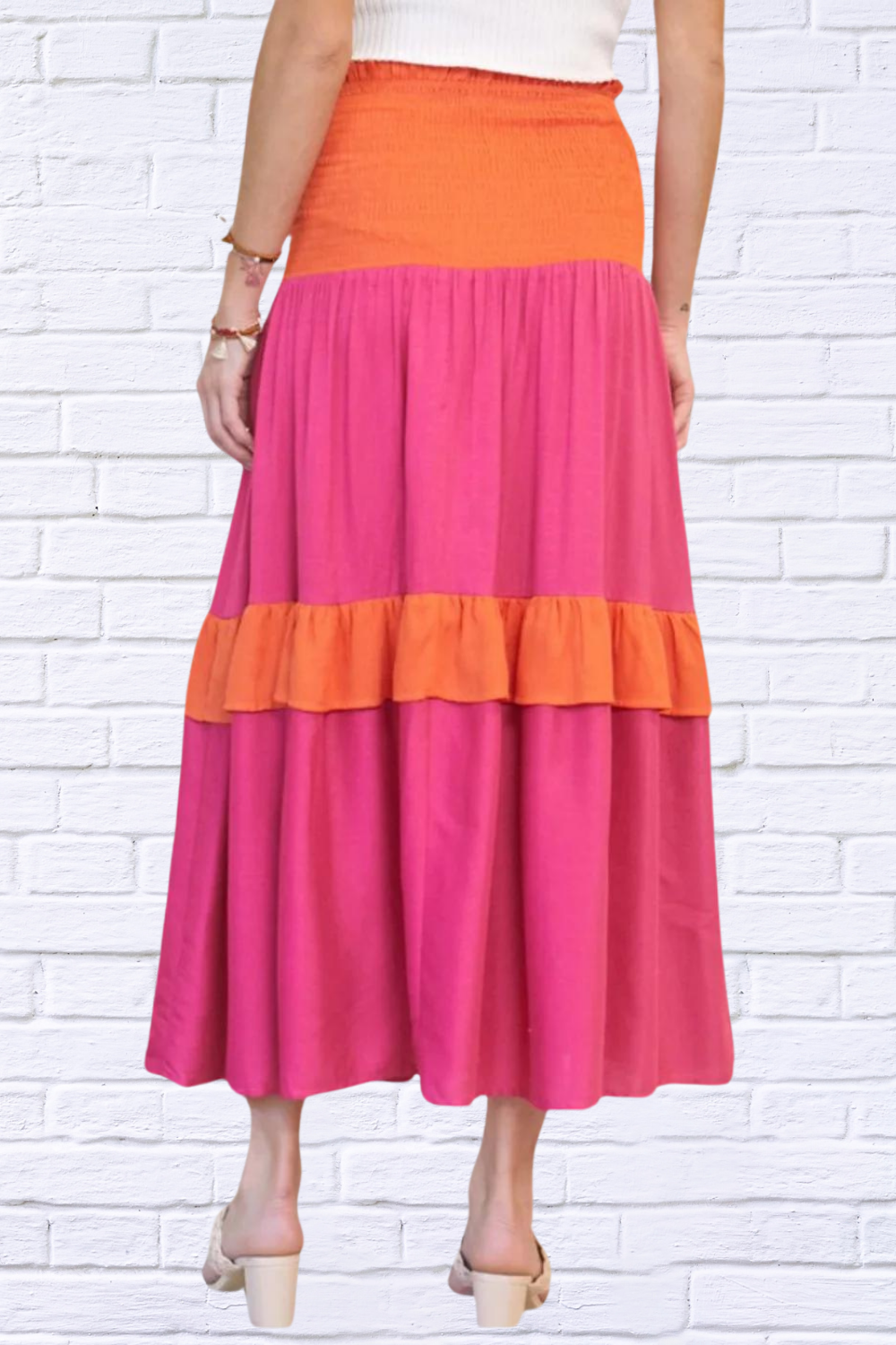 Hot Pink and Orange ColourBlock Smocked Ruffle Maxi Skirt