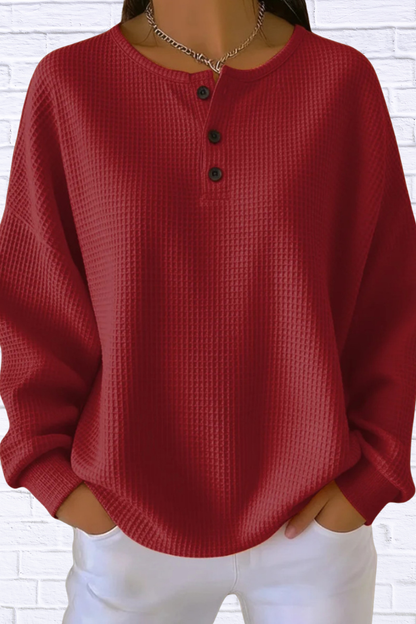 Full Size Waffle Knit Button Detail Top Plus Size Red