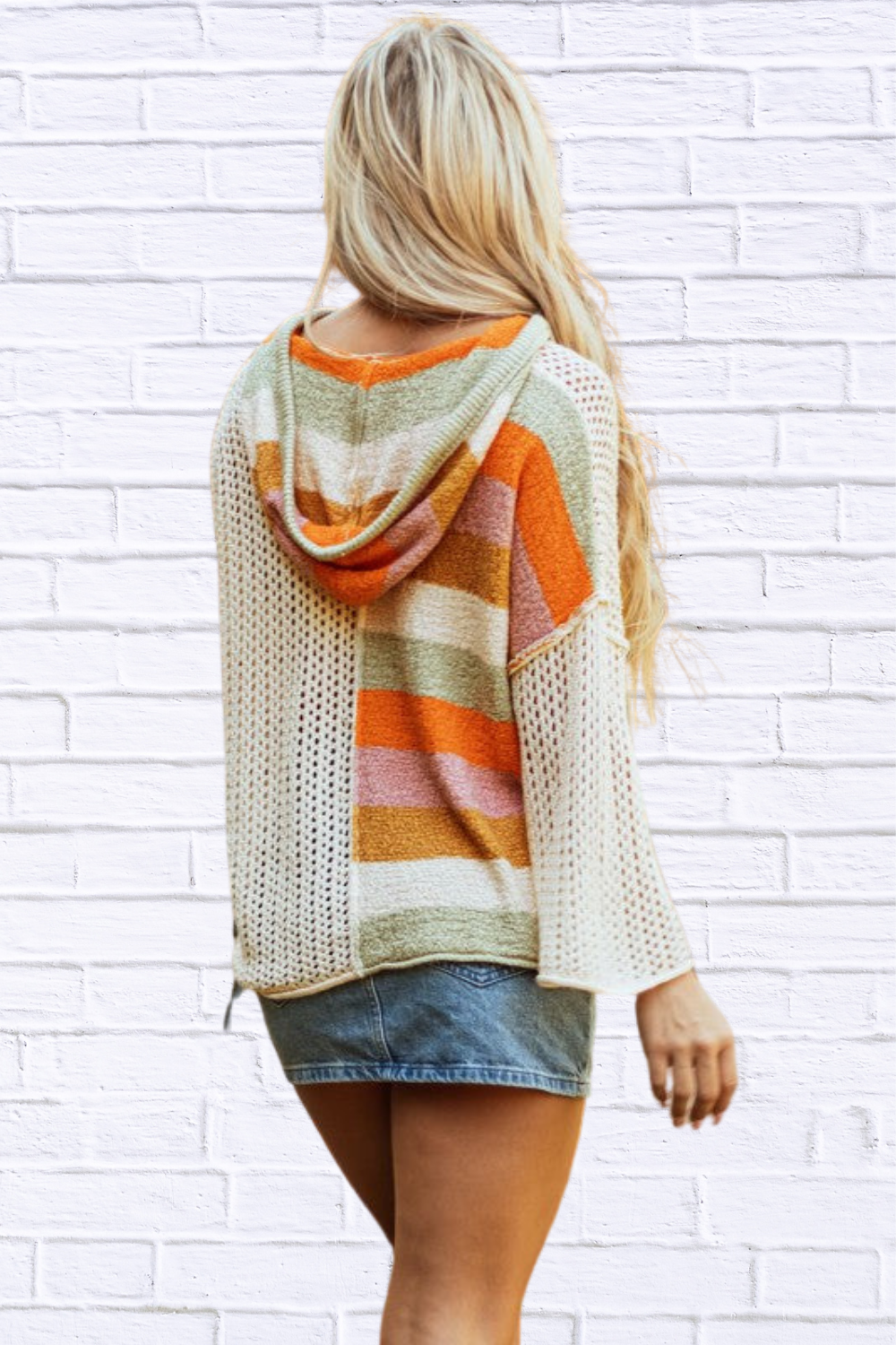 Harper Oversized Colorblock V Neck Hooded Sweater Beige L - 12 14