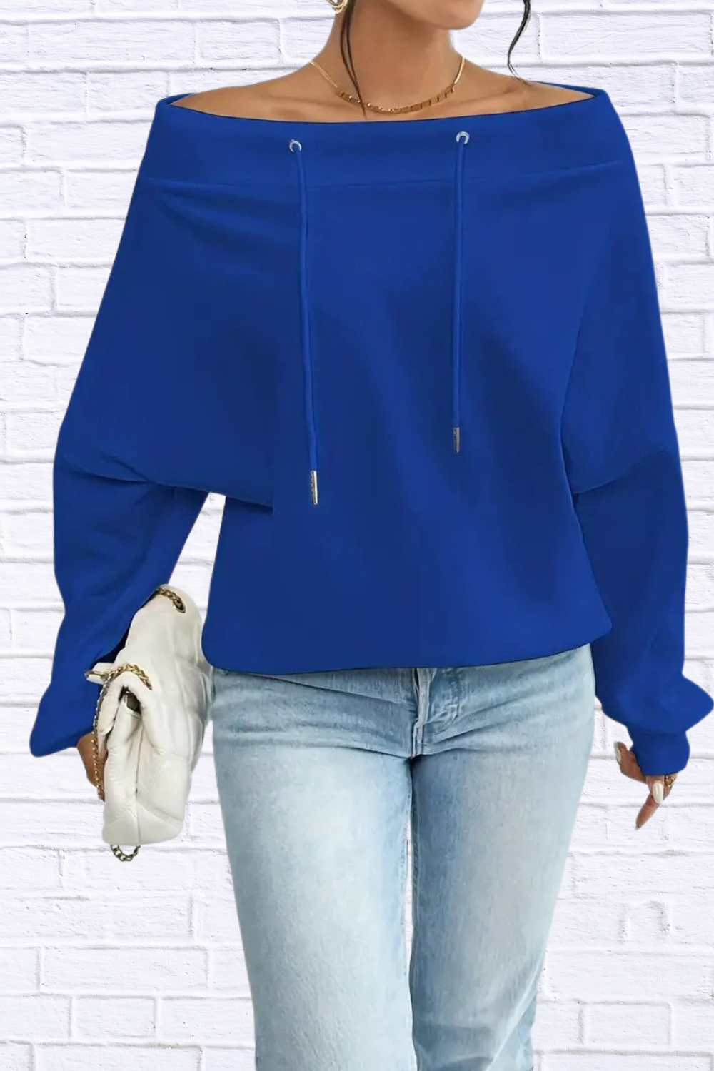 Off-Shoulder Drawstring Sweatshirt