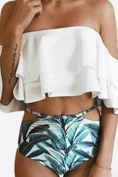 Off Shoulder Ruffled Printed Bikini Set White