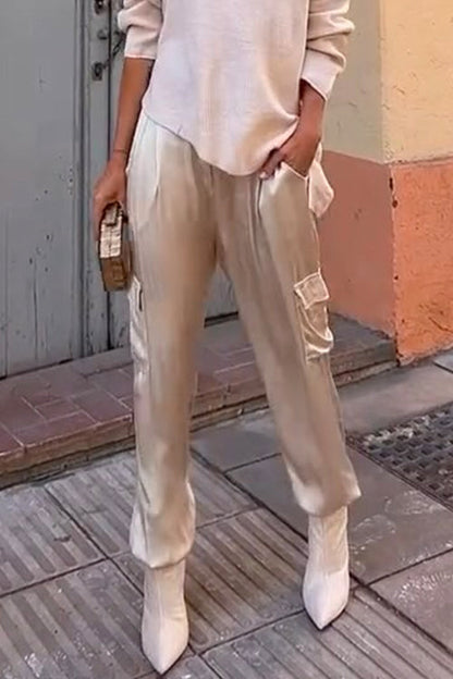 Casual Pocketed Cargo Satin Jogger Pants Champagne