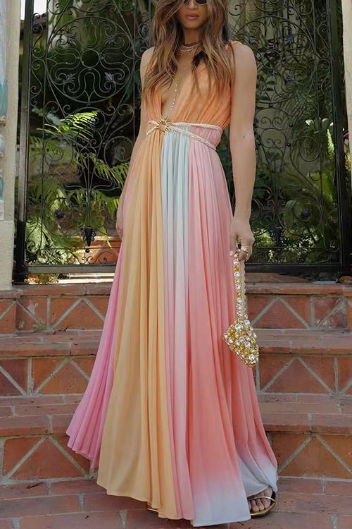 Deep V Neck Sleeveless Rainbow Maxi Dress