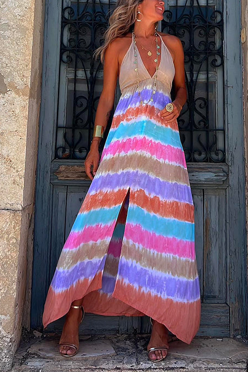 Halter Deep V Neck Slit Tie Dye Maxi Cami Dress Tie Dye