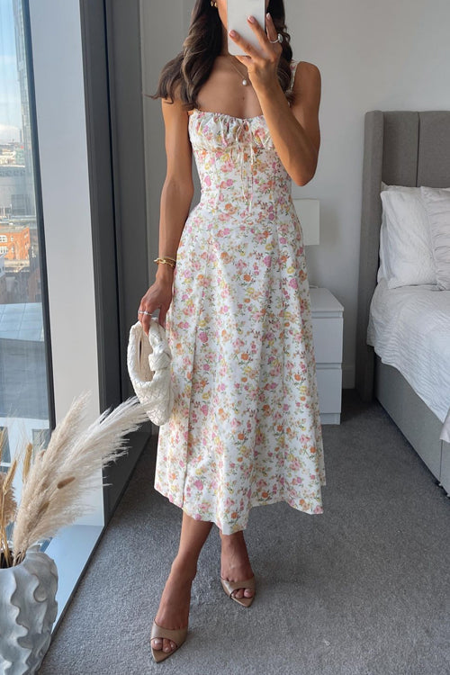 Adjustable Strap High Waist Slit Swing Midi Dress Pink Floral