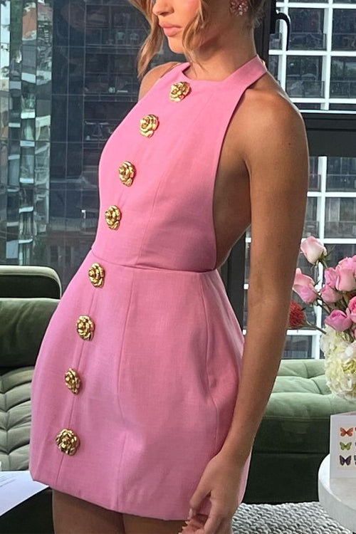 Halter Open Back Gold Rose Buttons Mini Dress