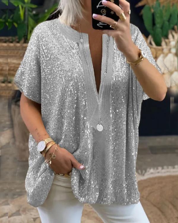 Clidress Graceful V Neck Sequin Loose Top