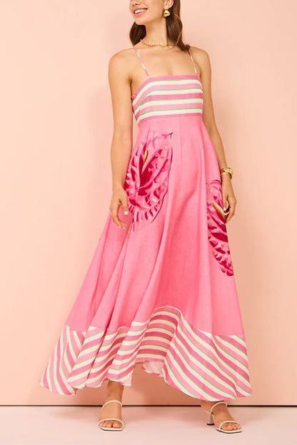 Backless Stripes Splice Floral Print Swing Maxi Cami Dress Pink
