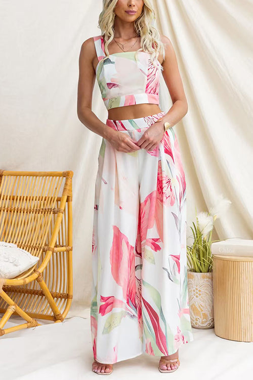 Sleeveless Crop Top High Rise Wide Leg Pants Printed Set