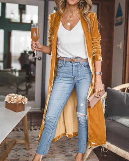 Clidress Loose Elastic Velvet Long Cardigan Jacekt Coat