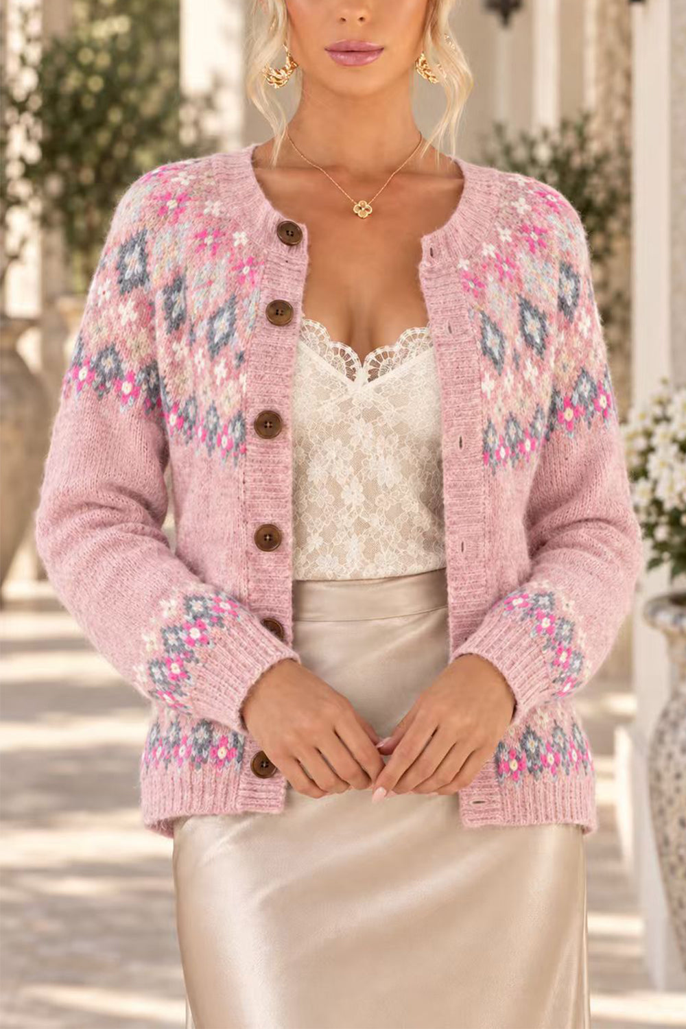 Button Down Printed Sweater Cardigan