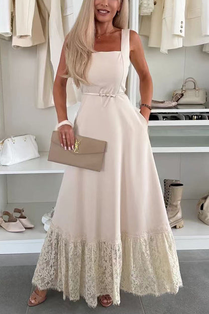 Square Neck Lace Splice Maxi Cami Dress