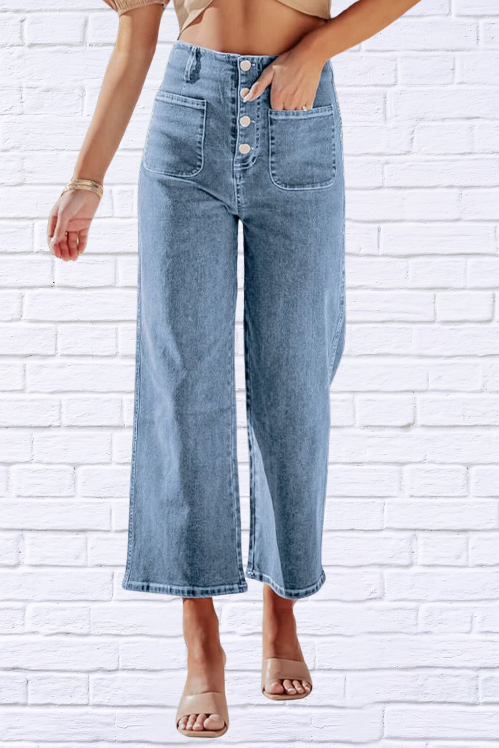 Button Fly Cropped Wide Leg Jeans Light Blue