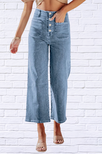 Button Fly Cropped Wide Leg Jeans Light Blue