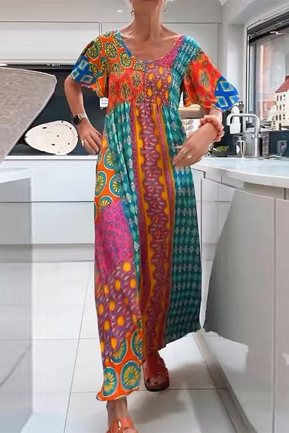 Round Neck Short Sleeves Printed Maxi Dress