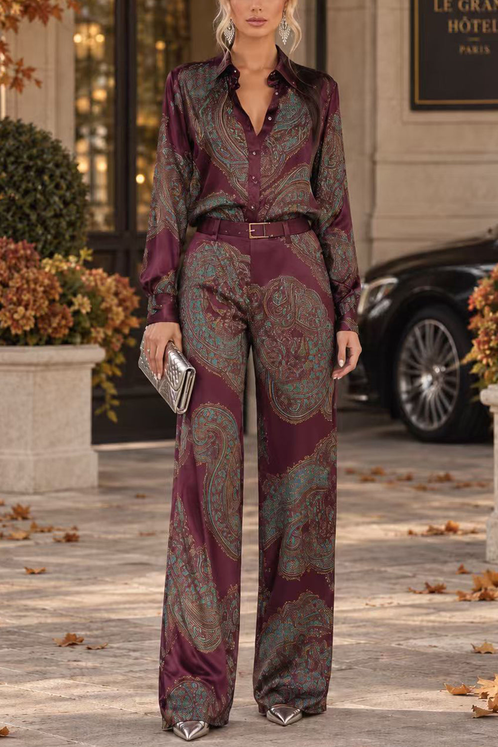 Lapel Long Sleeves Shirt High Rise Pocketed Straight Leg Pants Paisley Print Set (C)