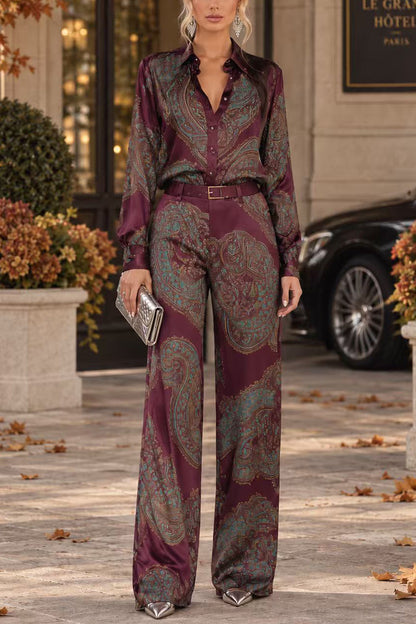 Lapel Long Sleeves Shirt High Rise Pocketed Straight Leg Pants Paisley Print Set (C)