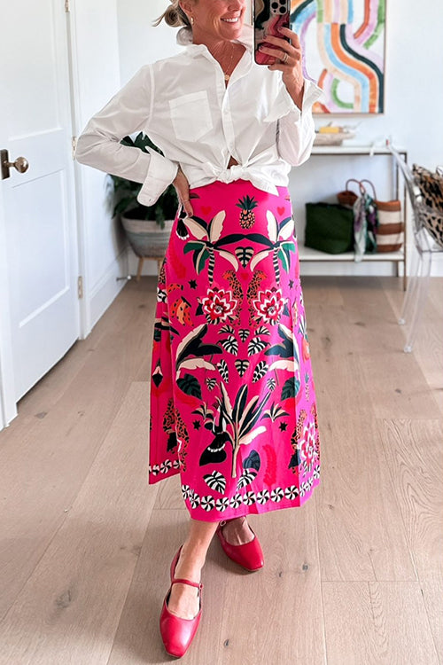 High Rise Tropic Print Midi Skirt