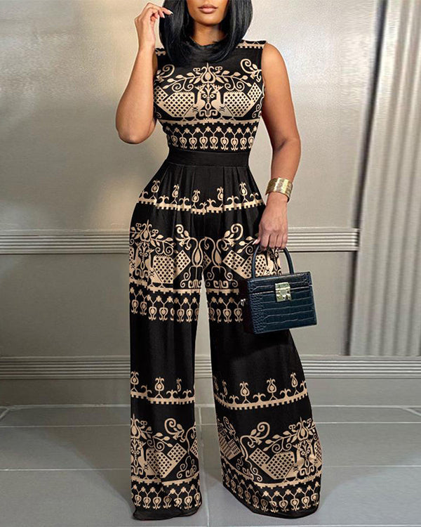 Clidress Mock Neck Ice Feel Printed Jumpsuit