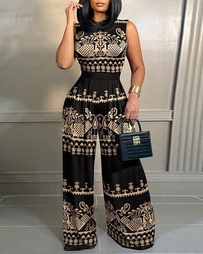 Clidress Mock Neck Ice Feel Printed Jumpsuit