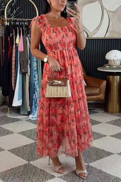 Square Neck Sleeveless Ruffle Tiered Midi Dress