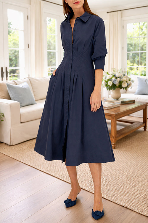 Lapel Button Up Solid Midi Shirt Dress