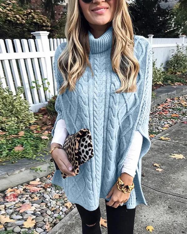 Clidresse Turtleneck Cable Cloak Poncho Sweater