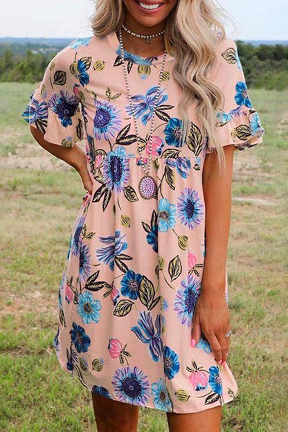 Crewneck Short Sleeve Floral Printed Flowy Dress Pink