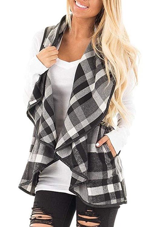 Lush Sleeveless Plaid Jacket Vest with Pockets