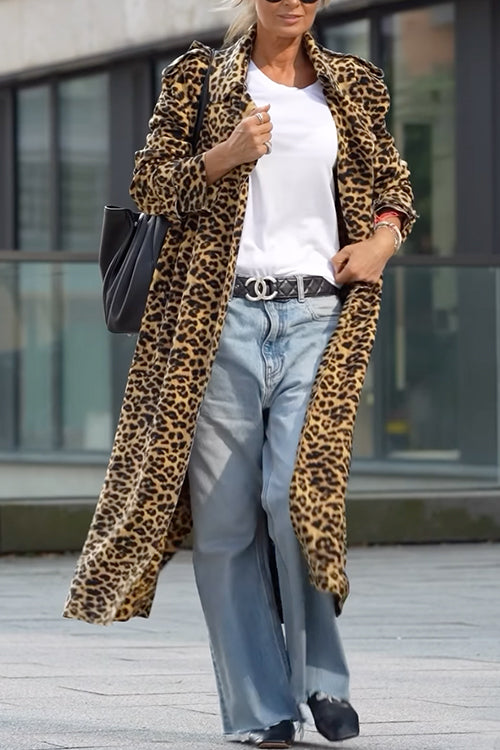 Lapel Open Front Leopard Midi Trendy Coat