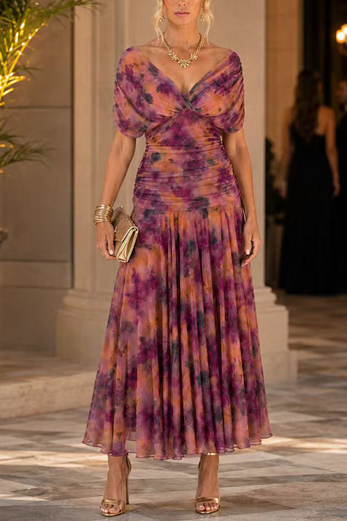 V Neck Short Sleeves Floral Print Maxi Dress