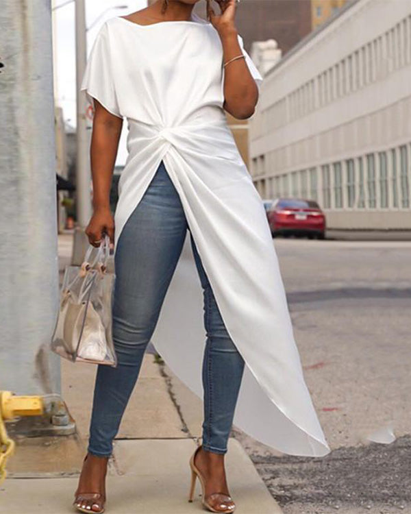 Clidress O Neck Irregular Fork Long T-shirt