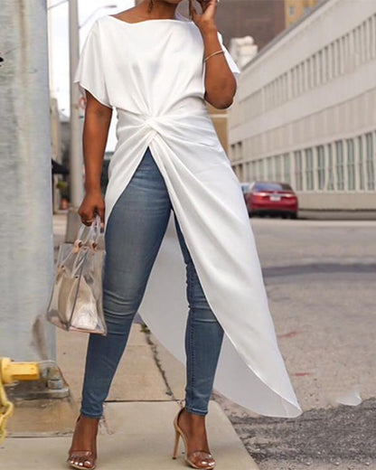 Clidress O Neck Irregular Fork Long T-shirt