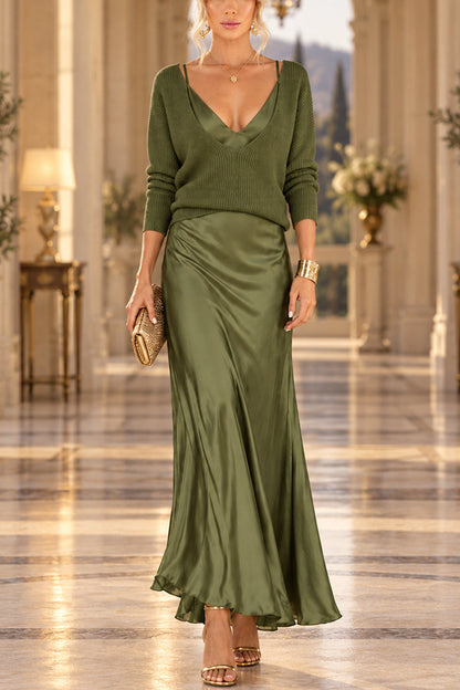 V Neck Drop Shoulder Sweater and Satin Maxi Cami Dress Set (E)