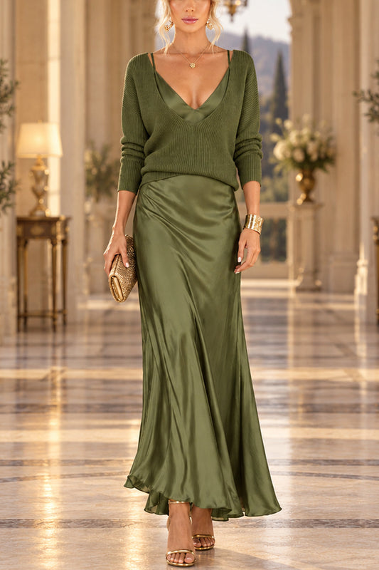 V Neck Drop Shoulder Sweater and Satin Maxi Cami Dress Set (A)