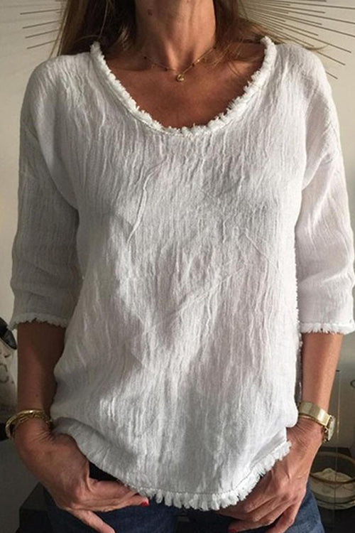 Round Neck 3/4 Sleeves Raw Hem T-shit