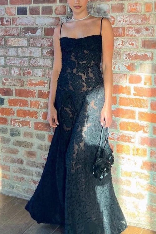 Spaghetti Strap Back Lace-up Applique Flower Maxi Swing Dress Black