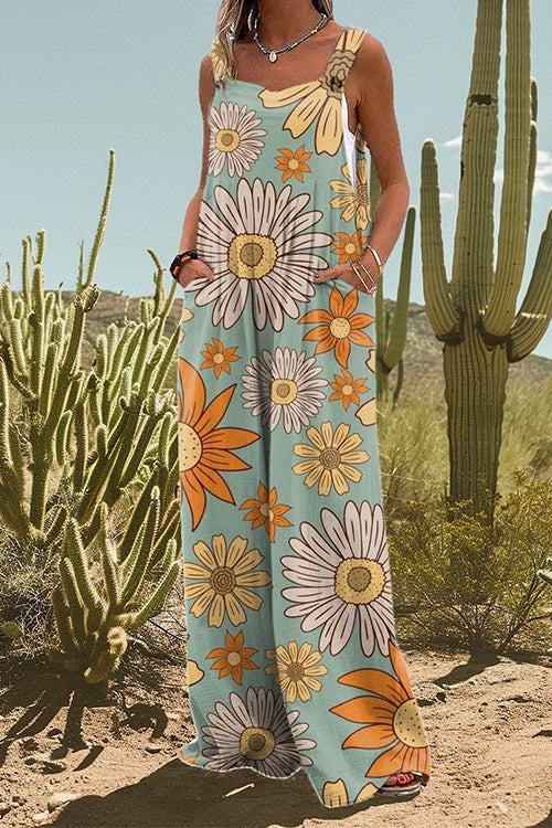 Floral Print Wide Leg Loose Overalls LightGreen