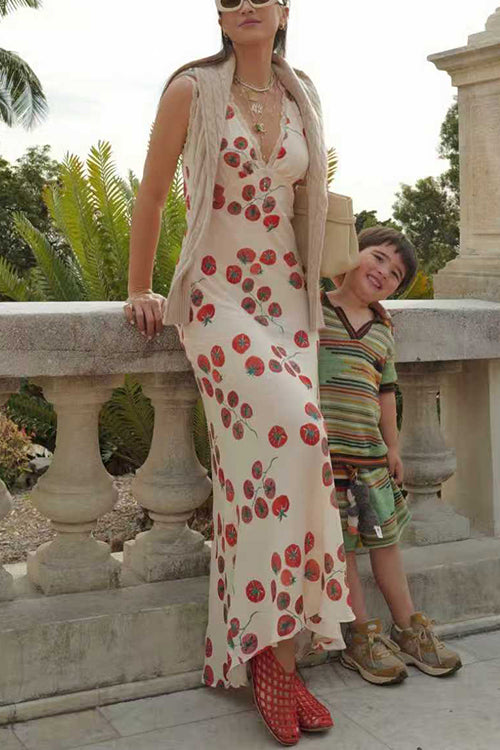 Sleeveless V Neck Lace Trim Tomato Print Maxi Dress