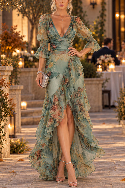 V Neck Floral Print High Low Hem Ruffle Maxi Dress